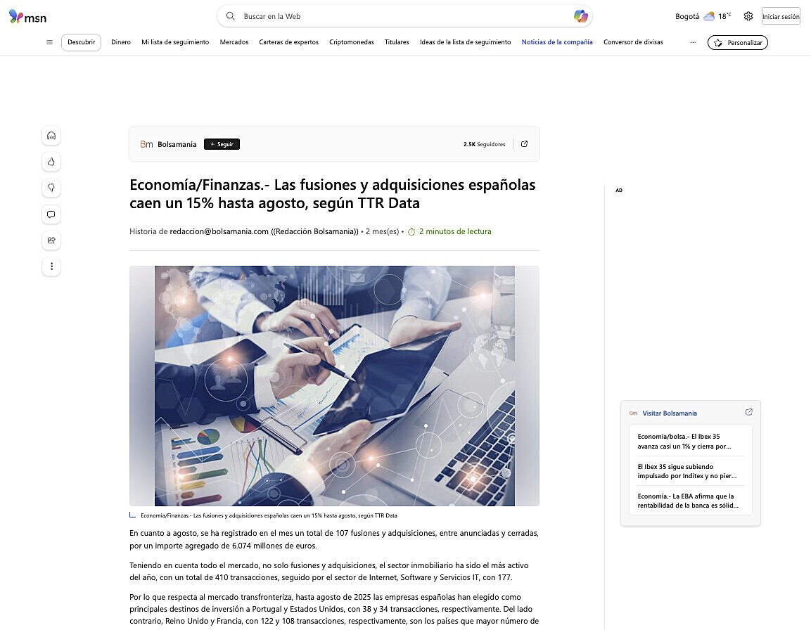 Economa/Finanzas.- Las fusiones y adquisiciones espaolas caen un 15% hasta agosto, segn TTR Data